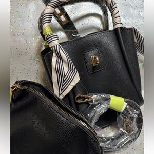 2pc Black bucket bag style Handbag with crossbody strap & removable scarf